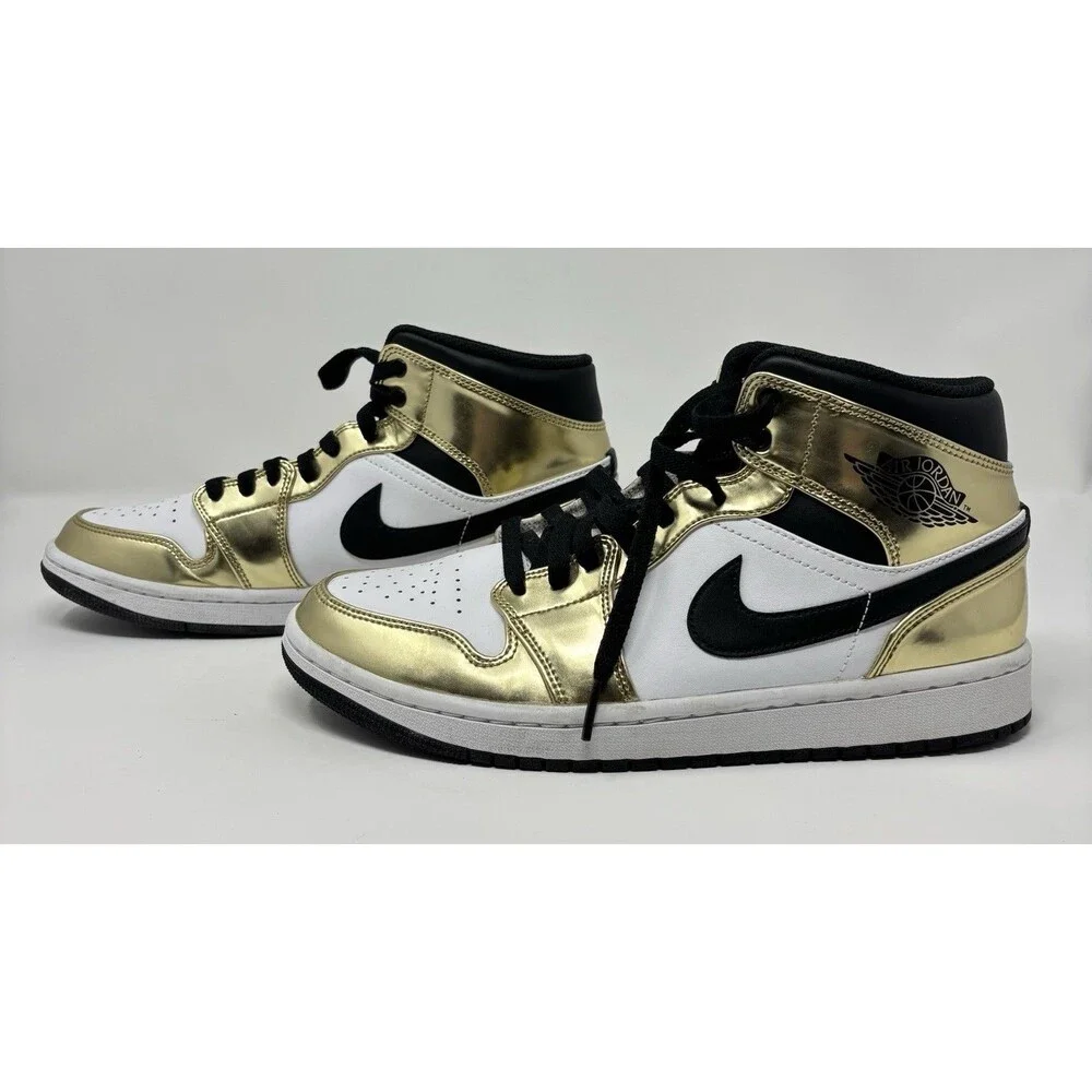 Jordan 1 Mid Metallic Shoes Gold Black White Mens Size 9 DC1419-700